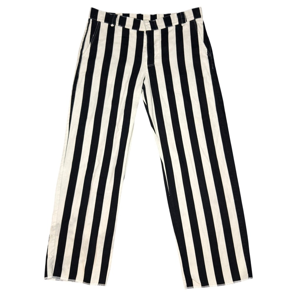 O-Mighty Black White Striped Wide Straight Leg Pants Womens M Canvas